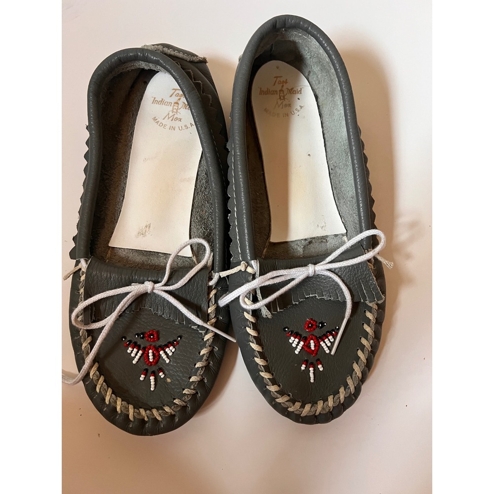 Vintage Taos Indian Maid Grey Leather Beaded Thunderbird Moccasins Womens 10